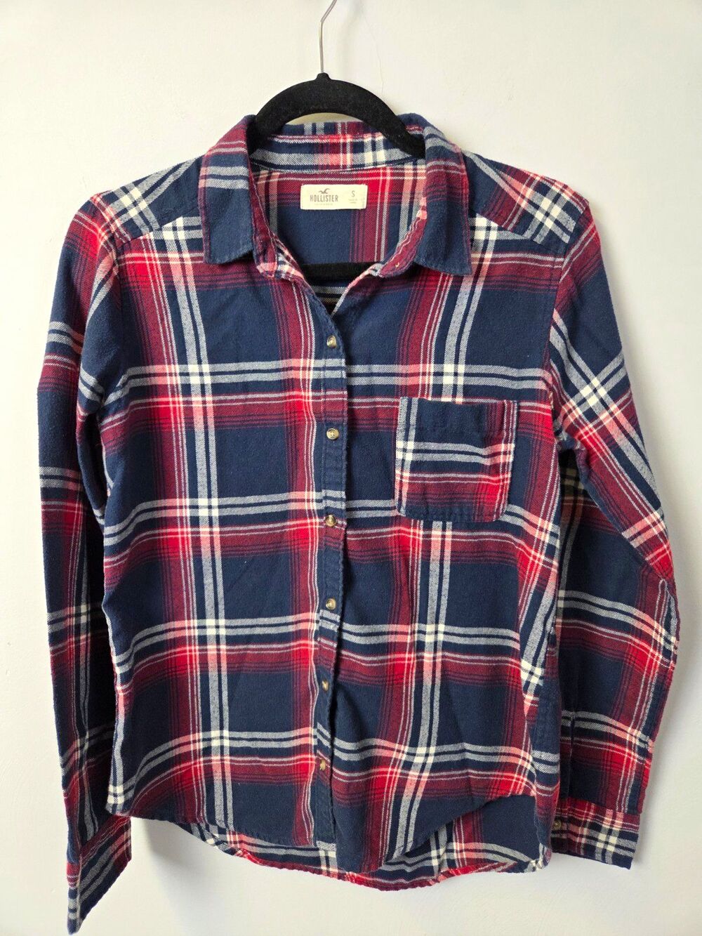 Hollister Women's Plaid Flannel Button-Up Shirt Long Sleeve Pockets S Blue